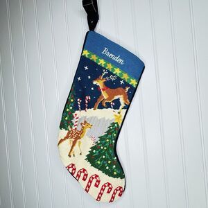 Land’s End Brenden Wool Needlepoint Deer Fawn Winter Scene Snow Stocking